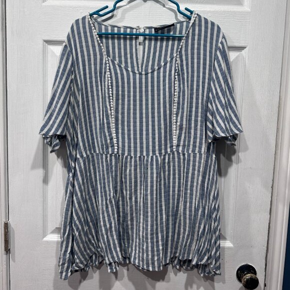 Lane Bryant Striped Babydoll Top w/ Pom Trim - Picture 1 of 3
